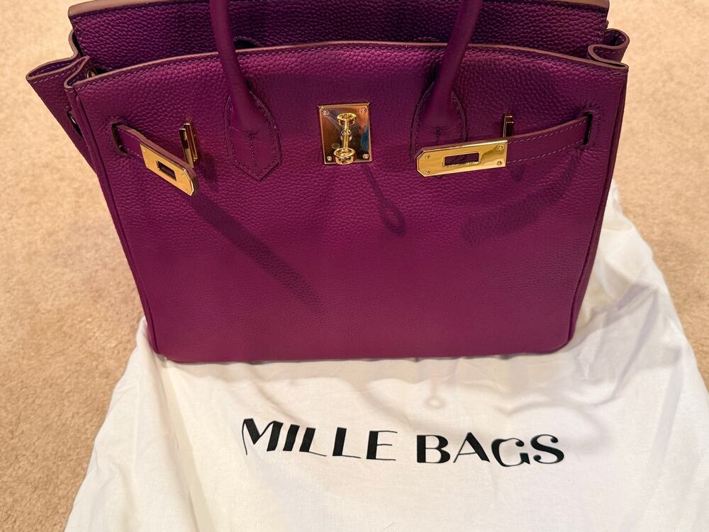 Mille Bags Plum Leather Top Handle Satchel Handbag Gold Hardware Lock Purse